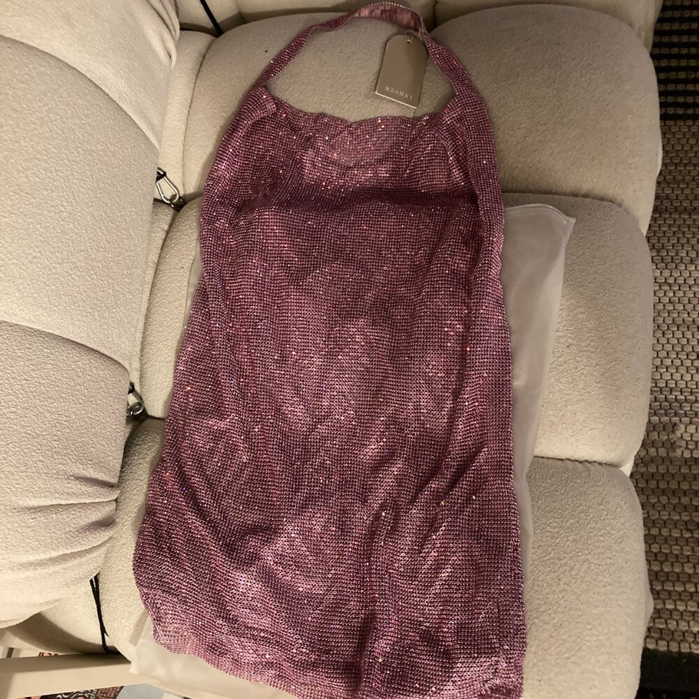 Meshki- Pink Diamante Mesh Halter Mini Dress Low Back Medium - Picture 7 of 12